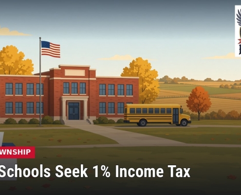 Fostoria News Fostoria school building with American flag and school bus in fall setting.